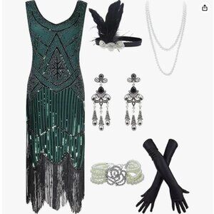 1920s Green Flapper Dress Gatsby Costume Set Sequin Beaded Accessories Sz Small
